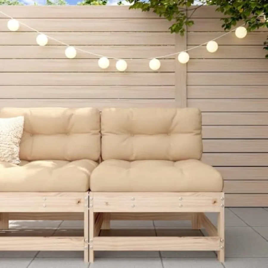 Garden Patio Solid Wood Pine Middle Sofa with Cream Cushions Slatted Design, Ergonomic Backrest, Modular Sectional, Sturdy Fram