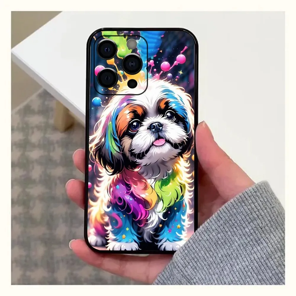 Shih Tzu Painting Cute Animal Phone Case For Apple iPhone 15,14,13,12,11,Pro,X,XS,Max,XR,Plus,Mini Soft Black Cover