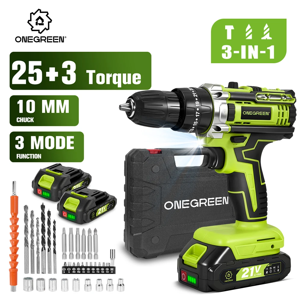 ONEGREEN 25+3 Drehmoment-Elektro-Schlagbohrschrauber-Set, 3 Modi, einstellbarer Akku-Schraubendreher, Elektrowerkzeug für Makita 18V Akku