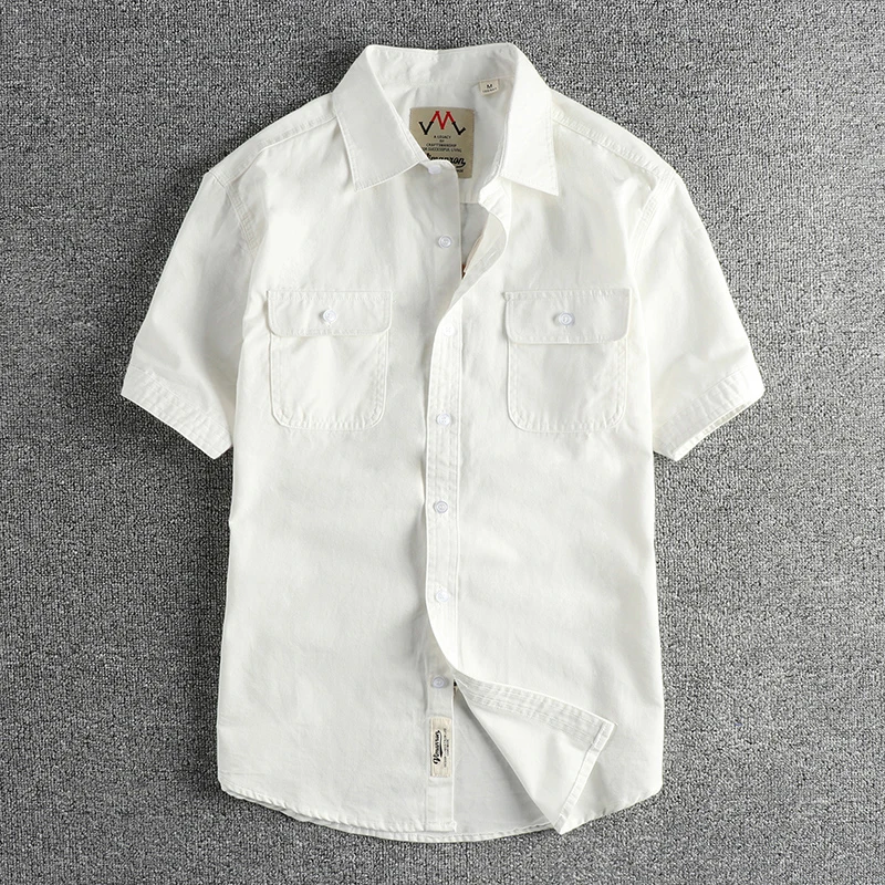 Simple cargo pocket design summer vintage short-sleeved shirt for men washed twill cotton fabric casual shirt