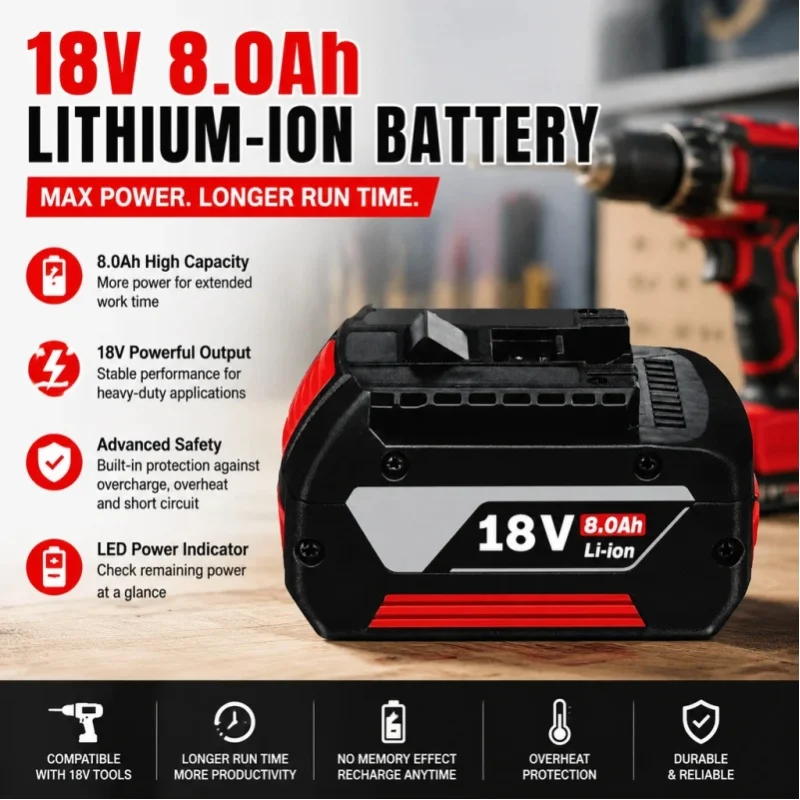 18V 8,0Ah Lithium-Ionen-Ersatzakku Kompatibel mit Bosch 18V Akku-Werkzeugen, Hochleistungs-Akku mit Mehrfachschutzsystem