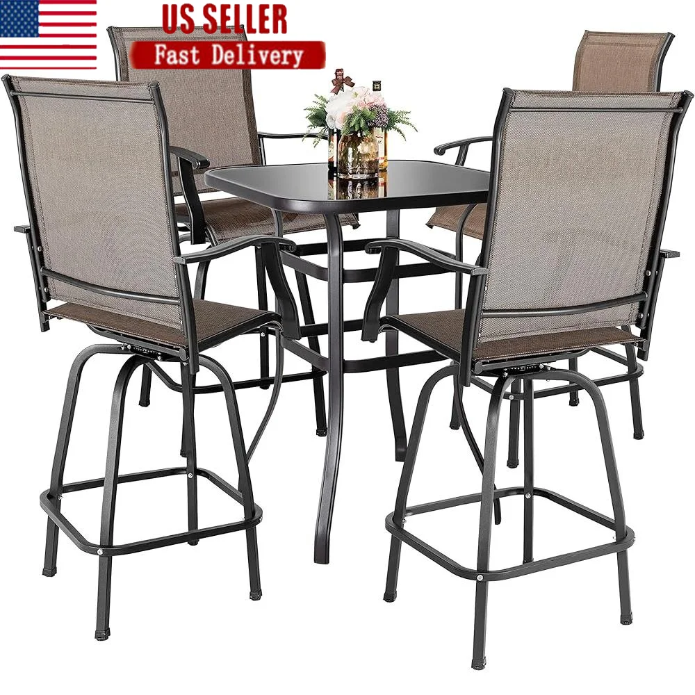 

5-компонентный барный набор для патио, вращающиеся стулья, эргономичный дизайн, стеклянный стол, вращающийся на 360 градусов, удобный обеденный набор для улицы и дома