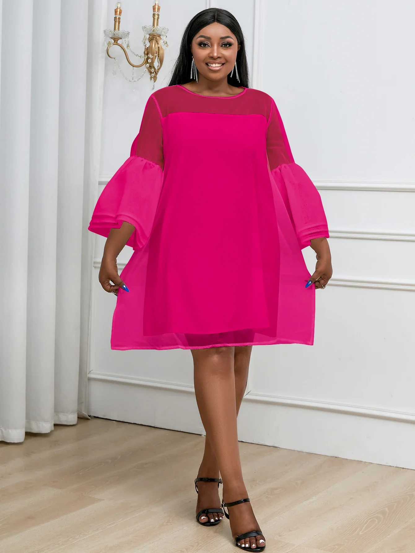 Women Plus Size Shift Dress See Through Patchwork 3 Layers Bell Sleeve Tulle Cover Robes Elegant Fashion Pink Dresses