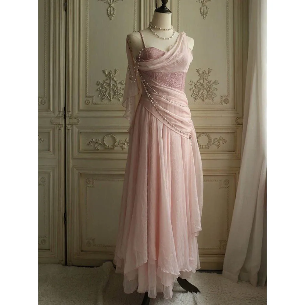 Elegant Pretty Pink Women Prom Dresses Floor Length Spaghetti Strap Sweetheart Straight Fairy Vintage Female Evening Party Gowns