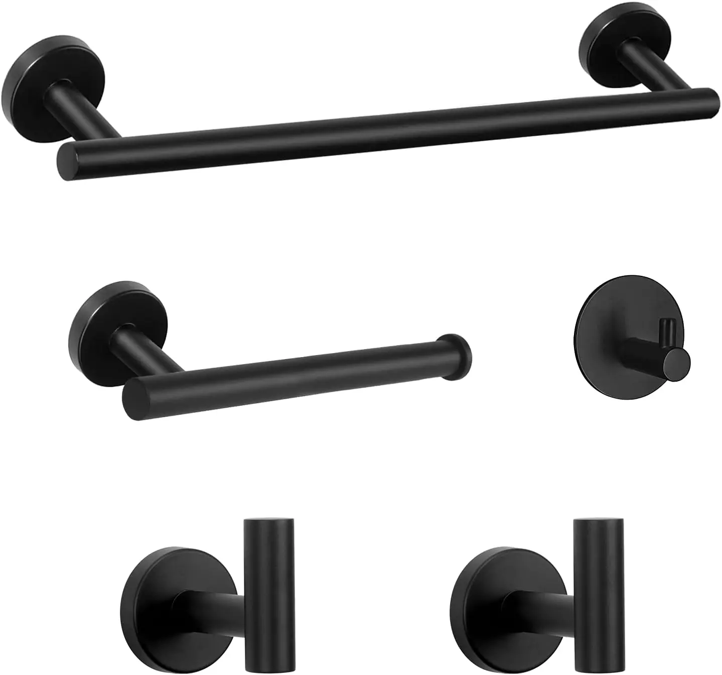 

5-Piece Stainless Steel Bathroom Hardware Set - 16" Towel Bar, Toilet Paper Holder & Hooks, Matte Black