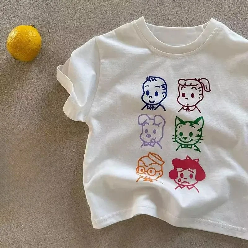 

2025 Summer Loose Boy Cartoon Print Short Sleeves T-Shirt Children Gril Fashion Tees Kid Casual Tops Toddler Summer Clothing