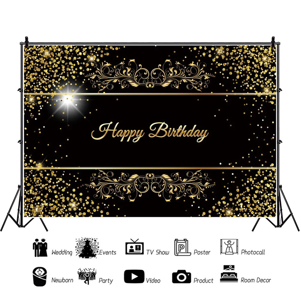 Laeacco Zwart En Goud Gelukkige Verjaardag Photocall Achtergrond Glanzende Sterren Stippen Kids Volwassenen Portret Aangepaste Fotografie Achtergrond