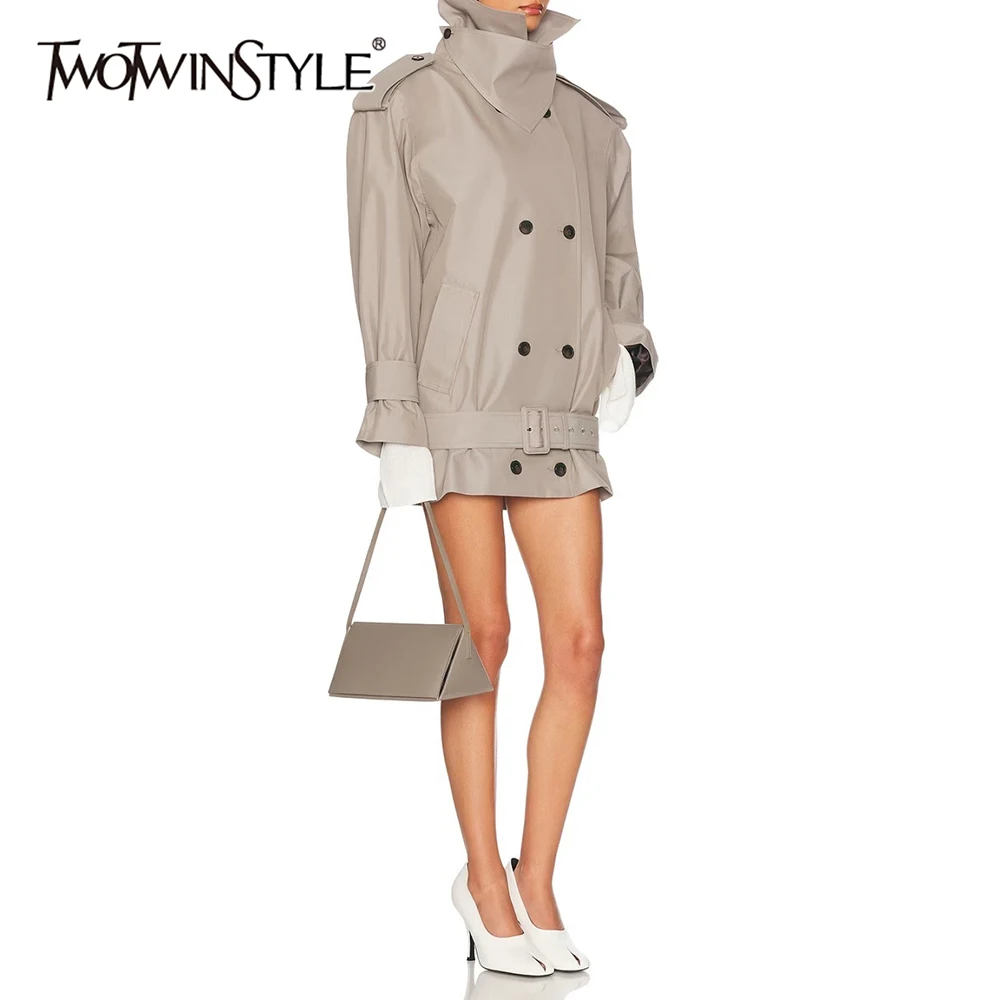 

TWOTWINSTYLE Solid Loose Spliced Double Breasted Fashion Trenchs for Women Stand Neck Long Sleeves Patchwork Belt Trench Female