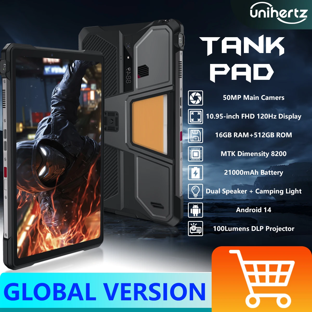 

8849 Unihertz Tank Pad Projector Android 14 Rugged Tablet 10.95-inch 120Hz Display 16GB+512GB Dual Camping Light 21000mAh 66W