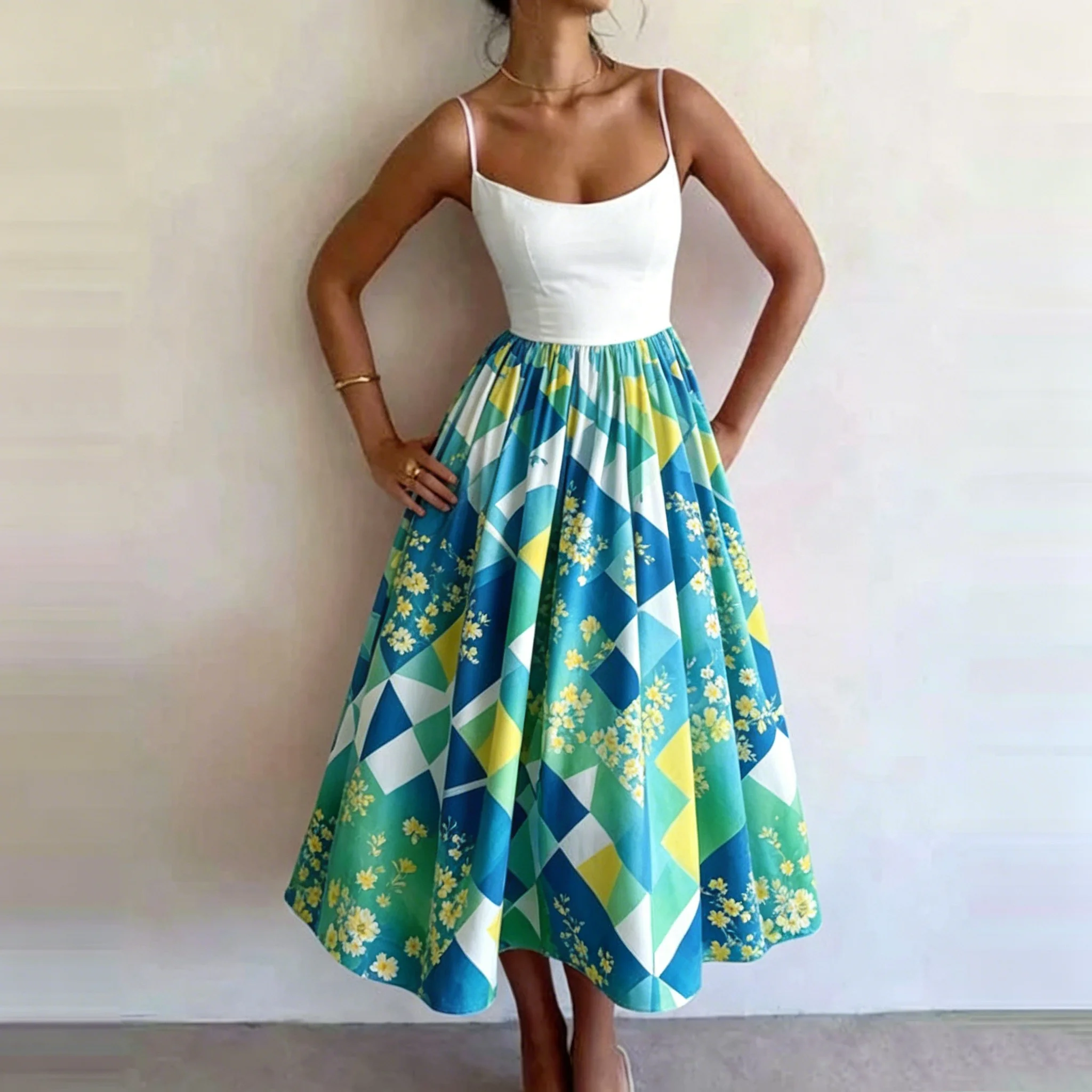 

Women's Summer Fashion Floral Print Spaghetti Strap Midi Dress A-Line High Waist Casual Elegant Romantic Street Party Outfit
