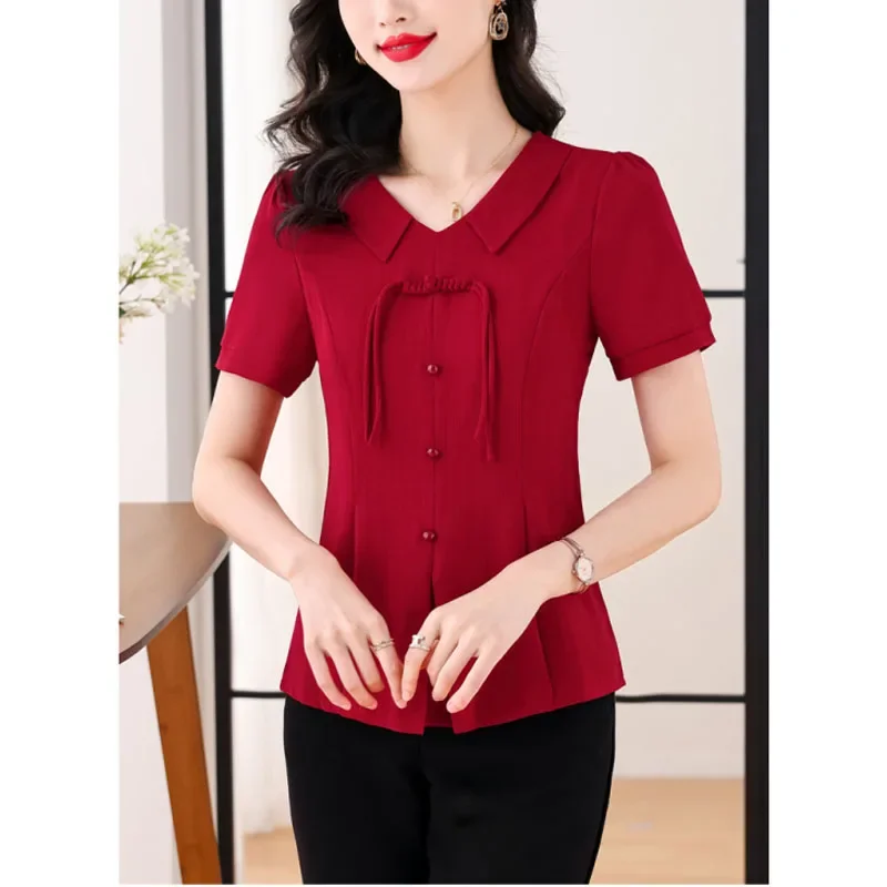 

New Women's Summer Korean Version Solid Color Peter Pan Collar Button Versatile Appear Thin Fashion Short Sleeve Shirt Tops B338