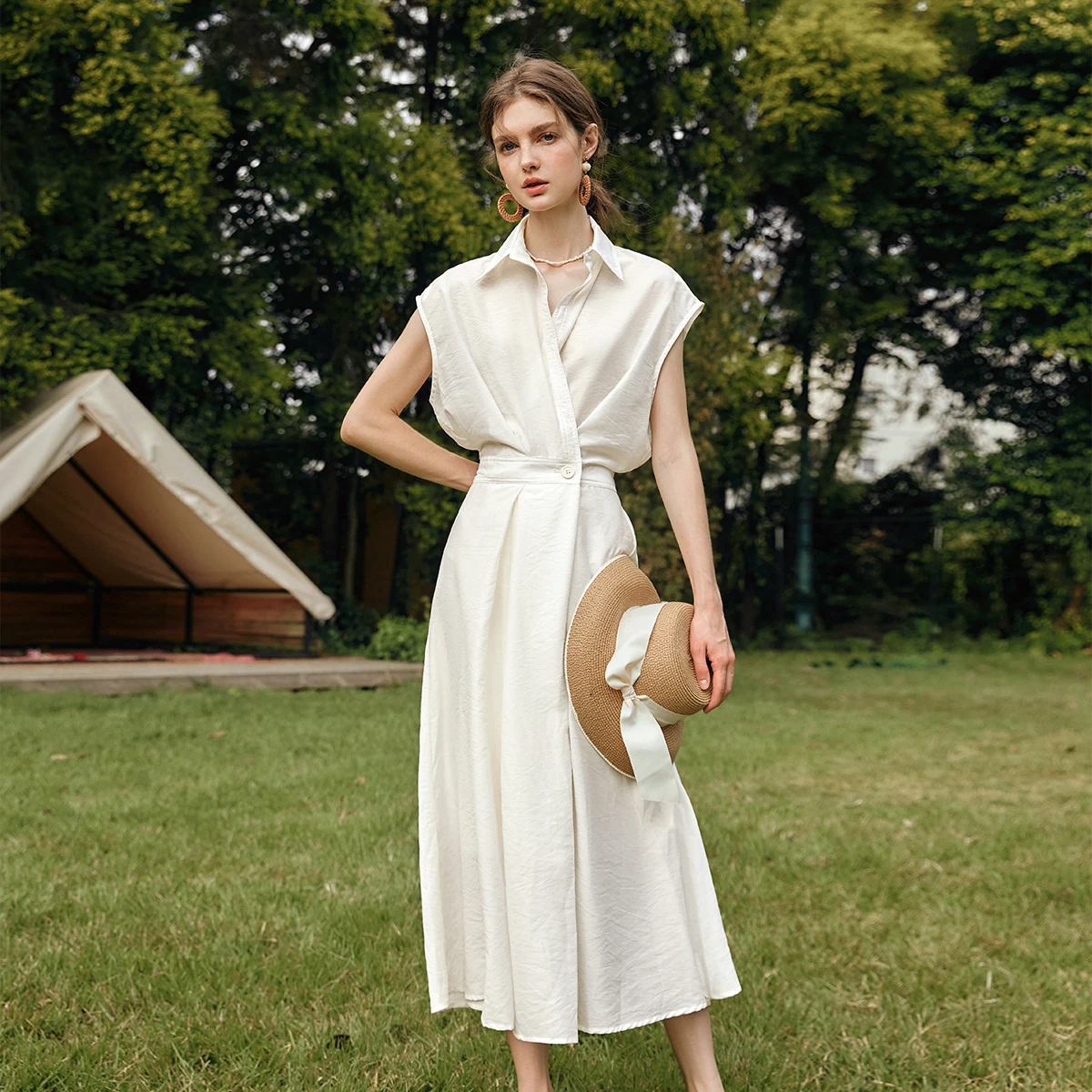 OLrain Donna Estate Lyocell Camicia Abiti 2025 Elegante Donna Vintage Manica corta Svasato Abito longuette Robe Femmes O57XL93151