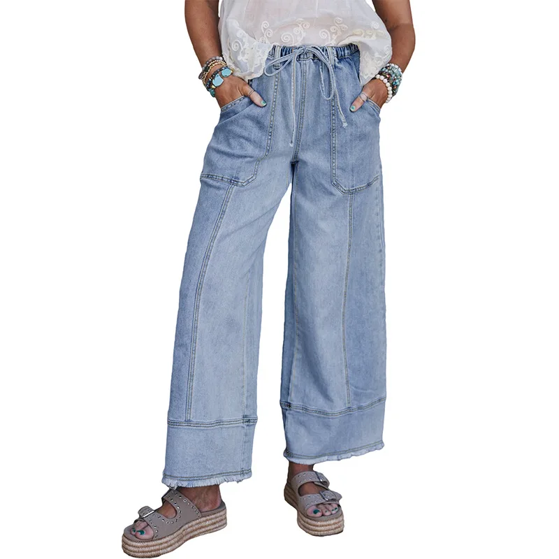 

2025 Autumn Solid Casual Versatile Jeans Pants Women Elastic High Waist Drawstring Pockets Patchwork Loose Street Denim Trousers