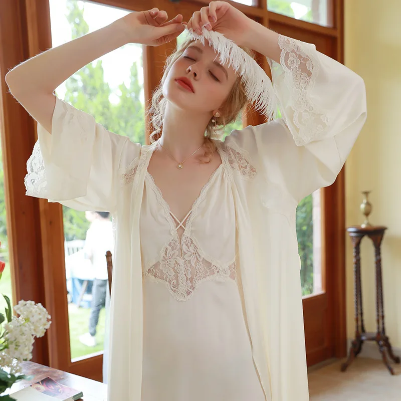 Lady Lace Patchwork Sleepwear Romantic French Style Nightgown for Women Silk Satin Robe Set Sexy Backless Home Dressing Gown