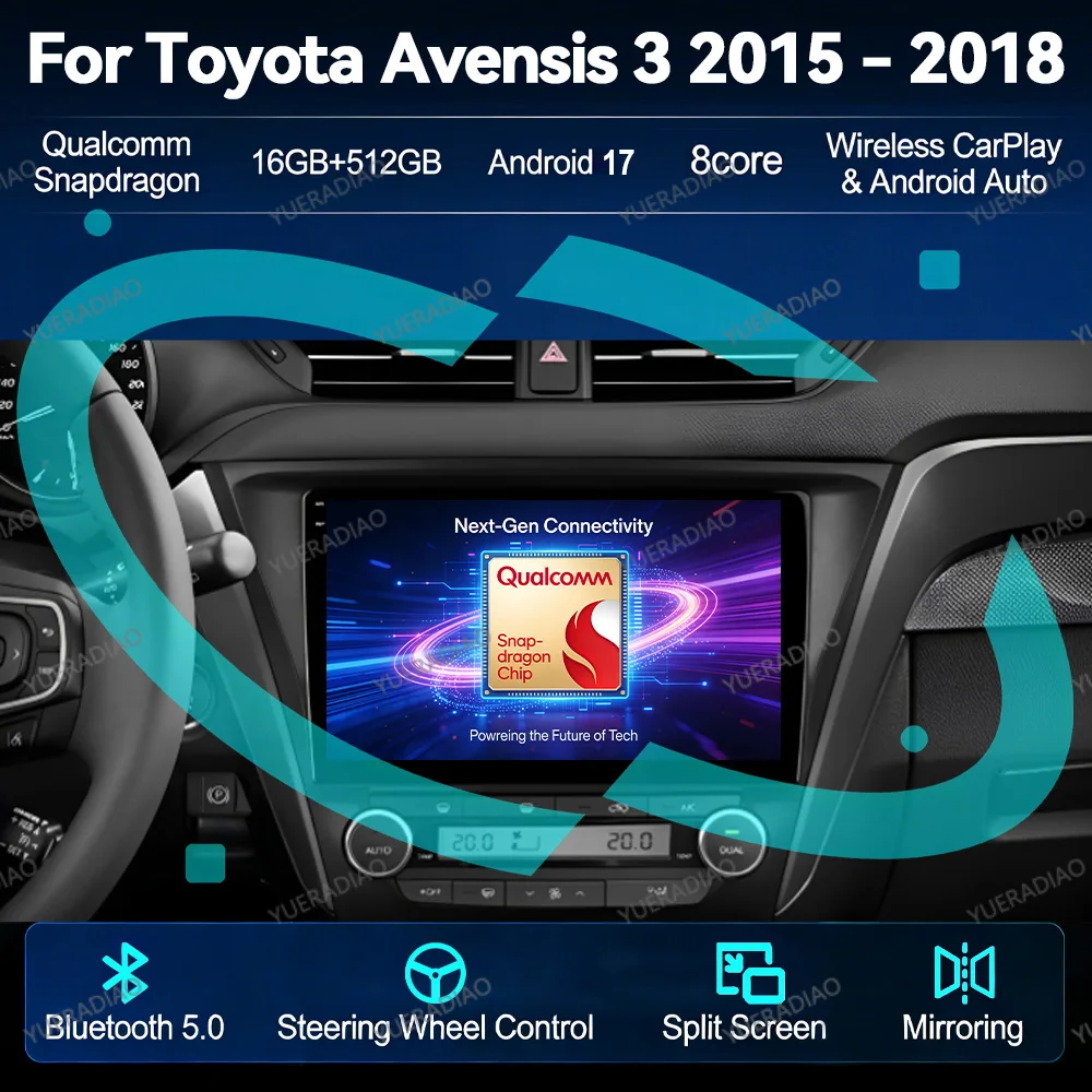 Android 17 Car Radio For Toyota Avensis 3 2015 - 2018 GPS NAVI 2DIN Multimedia Video Player 4G WIFI Qualcomm BT QLED Head Unit