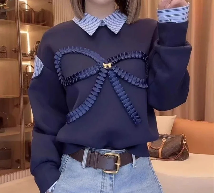 Pink Bow Fake Two-piece Hoodie for Women in Autumn 2025 Fashionable and Stylish New Style Color Blocking Splicing Long Sleeves