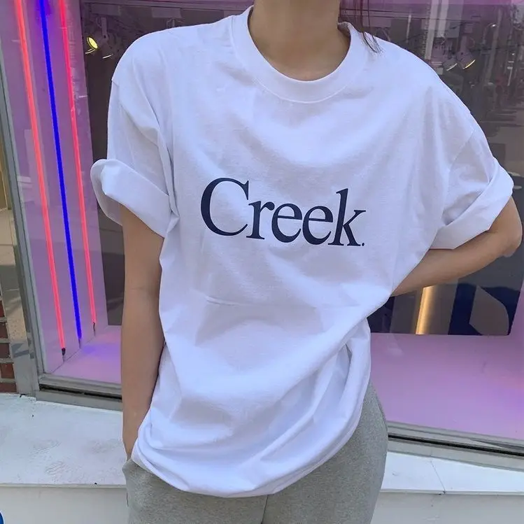 

Creek Printed Short-sleeved Korean-style Trendy Ins Top Couple T-shirt for Female Students 2025 Summer Simple Style