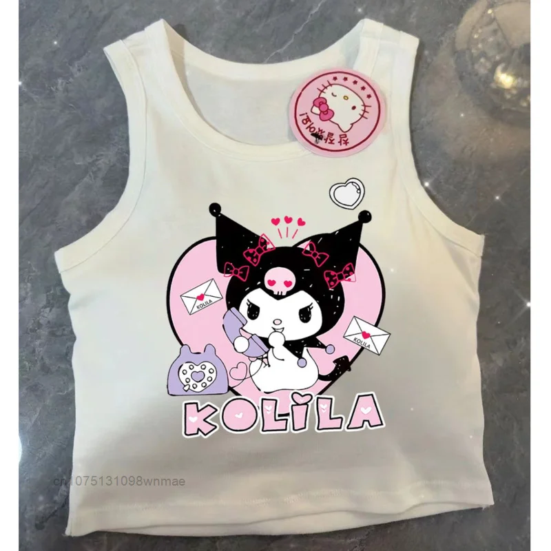 Sanrio Kuromi Hello Kitty Spicy Girl Sleeveless Vest Short Slim Fit Small Tank Tops for Women's Summer Cotton Cartoon Clothes