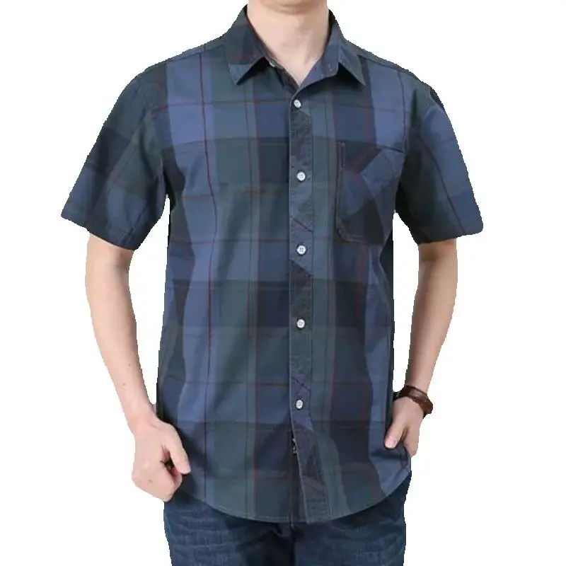 Plus Size XXXXXL Men Summer Short-sleeved Shirts Male Outdoor Casual Plaid Tooling Shirts High Quality Cotton Loose Shirts Tops