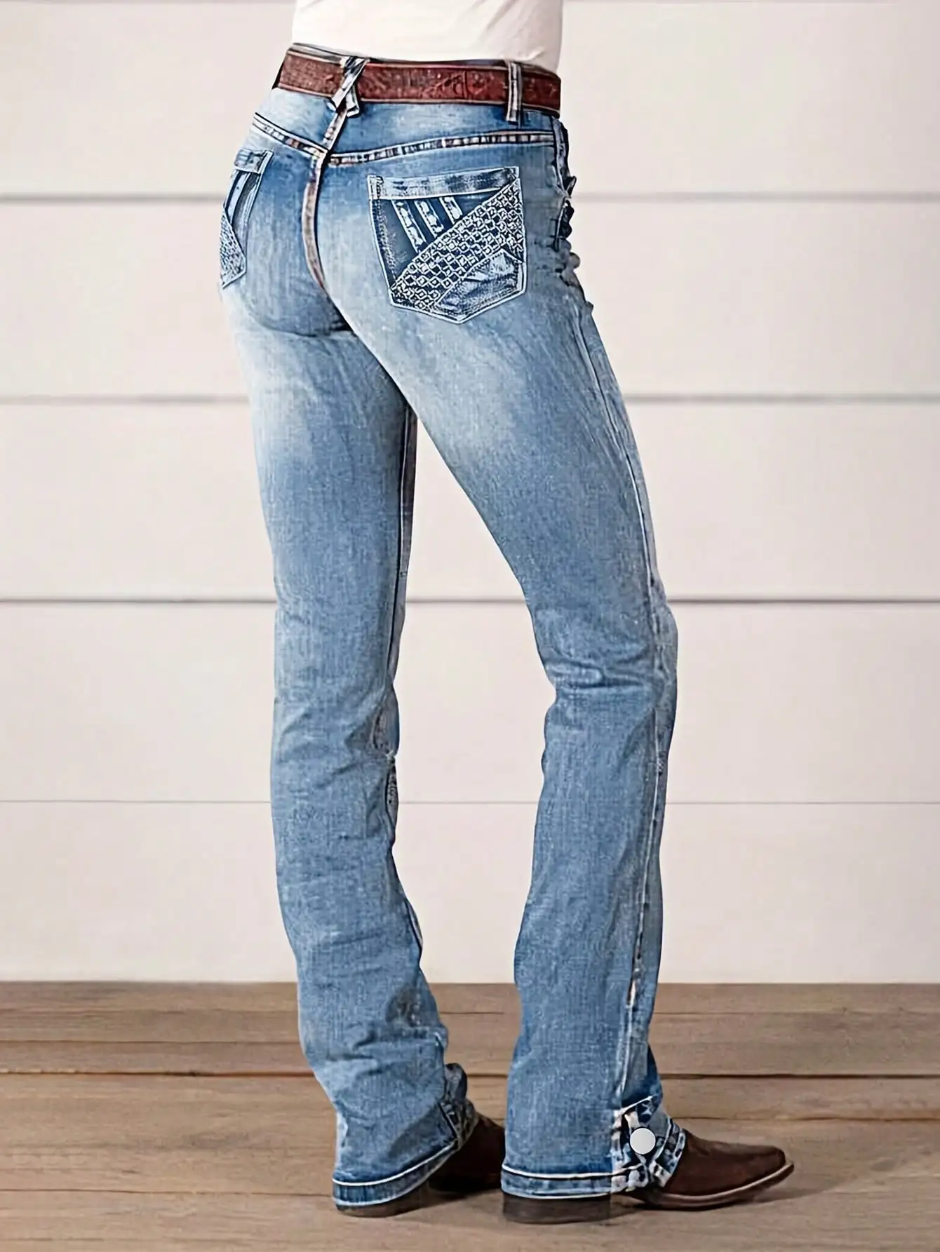 

Женские джинсы с высокой талией, облегающие, с вышитыми карманами и боковыми разрезами, повседневный фасон Bootcut