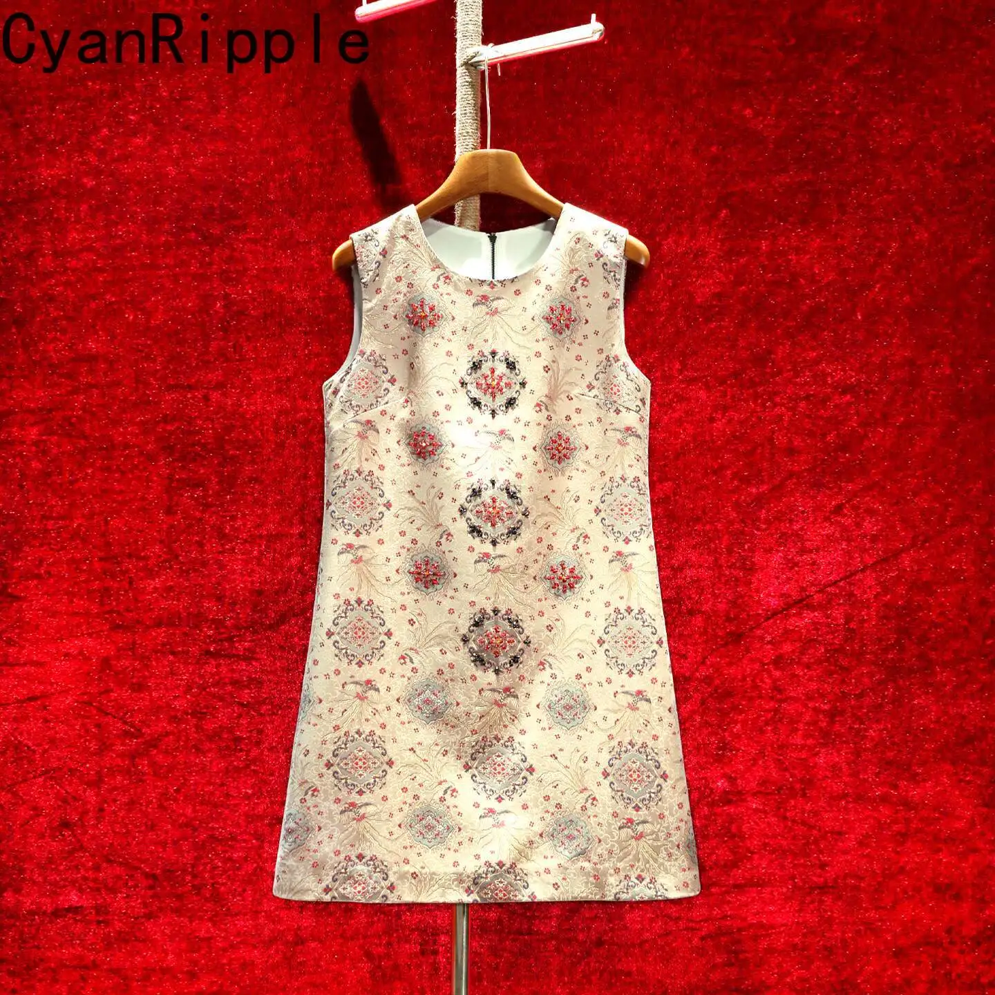 High Quality New Spring Summer Geometry Embroidery Jacquard Short A-line Dress Luxury Beads Elegant Round Neck Loose Waist Dress