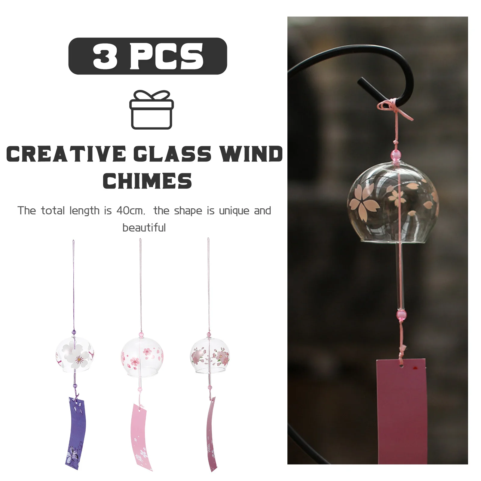 

3Pcs Glass Wind Bells Cherry Blossom Design Hanging Wind Chime Japanese Style Decorative Pendant for Garden Balcony Home Use