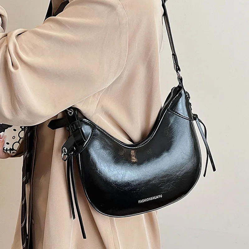 

Classic Black Letter Shoulder Bag for Women Exquisite Bandage PU Underarm Bags Korean Solid Color Half Moon Handbags