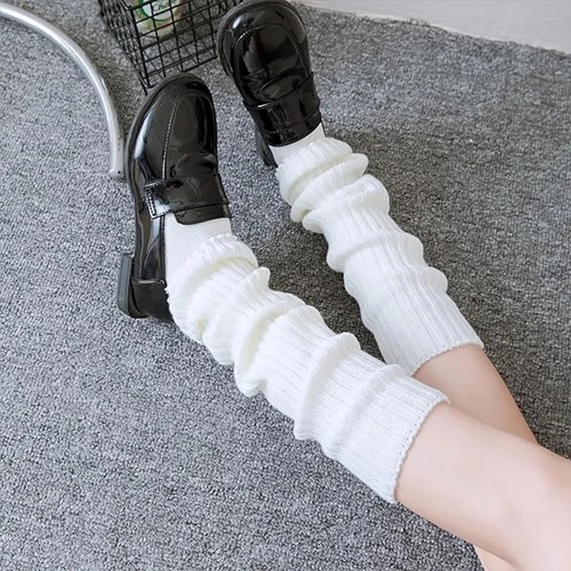 

White Knit Socks with Ribbed Design, High Stretch Leg Warmers, Soft & Fashionable for Outfits, 1 Pair