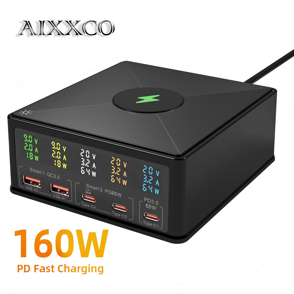 

AIXXCO 160W GaN Charger Quick Charge 3.0 Type C PD USB Charger Station with 15W Wireless Charging Fast Charger For iPhone Laptop