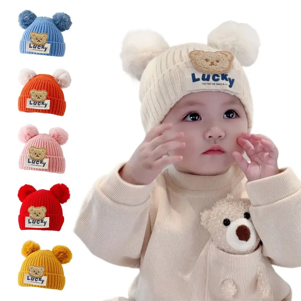 4-24 Months Winter Baby Beanies with Pop Lucky Bear Warm Newborn Ear Protection Hat Cartoon Toddler Kids Woolen Knit Hat