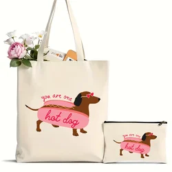 2Pcs Embroidered Valentine Dog Pattern Tote Bag, Canvas Shoulder Bag For Travel & Daily Commute, Shopping Luggage Bag