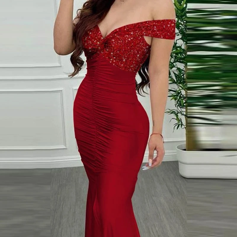 Amazing Red Evening Dresses Sparkly Sequins Mermaid Women Formal Prom Gowns 2023 Off The Shoulder Sexy Tight Party Met Gala