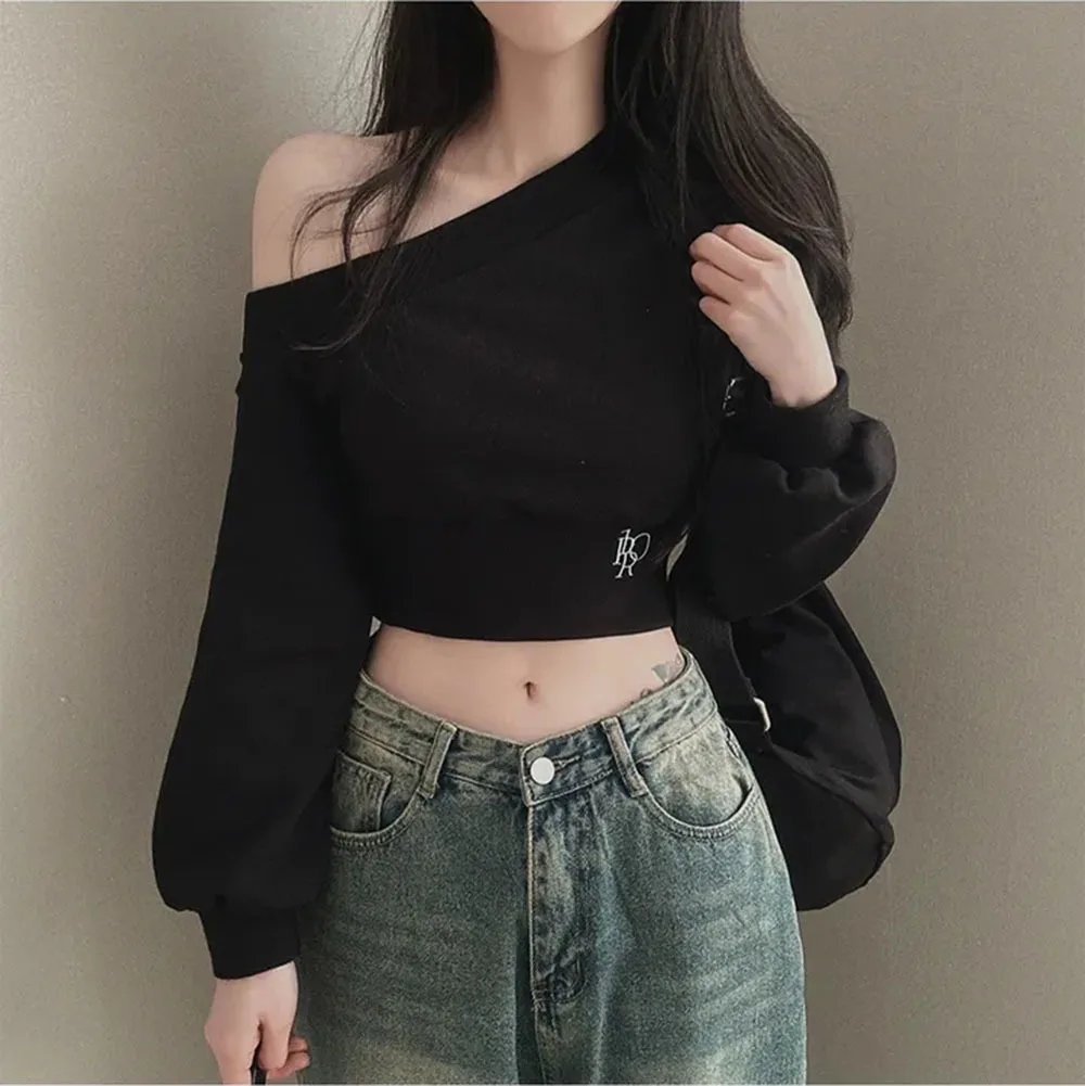 Irregular Sweatshirt Women 2024 Spring Autumn Hot Girl Short Off Shoulder Pullovers Female Korean Raglan Sleeve Casual Crop Tops