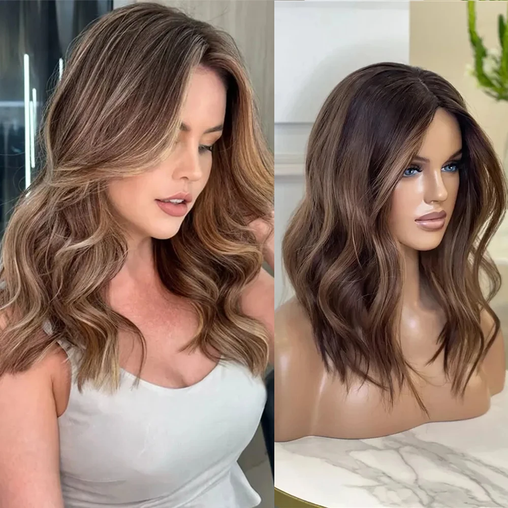 

Short Bob Wig Synthetic Lace Frontal Wig for Women Dark Brown Blonde Highlights Natural Wave Glueless Pre-Plucked Futura Wig