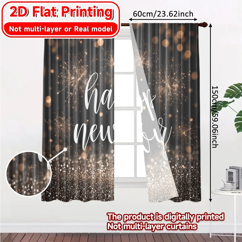 2D Flat Printing,2pcs NewYearSparkle Creative Chic Curtains Yarn Curtains Room Decor Ldeal for Translucent, Privacy-Enhancing