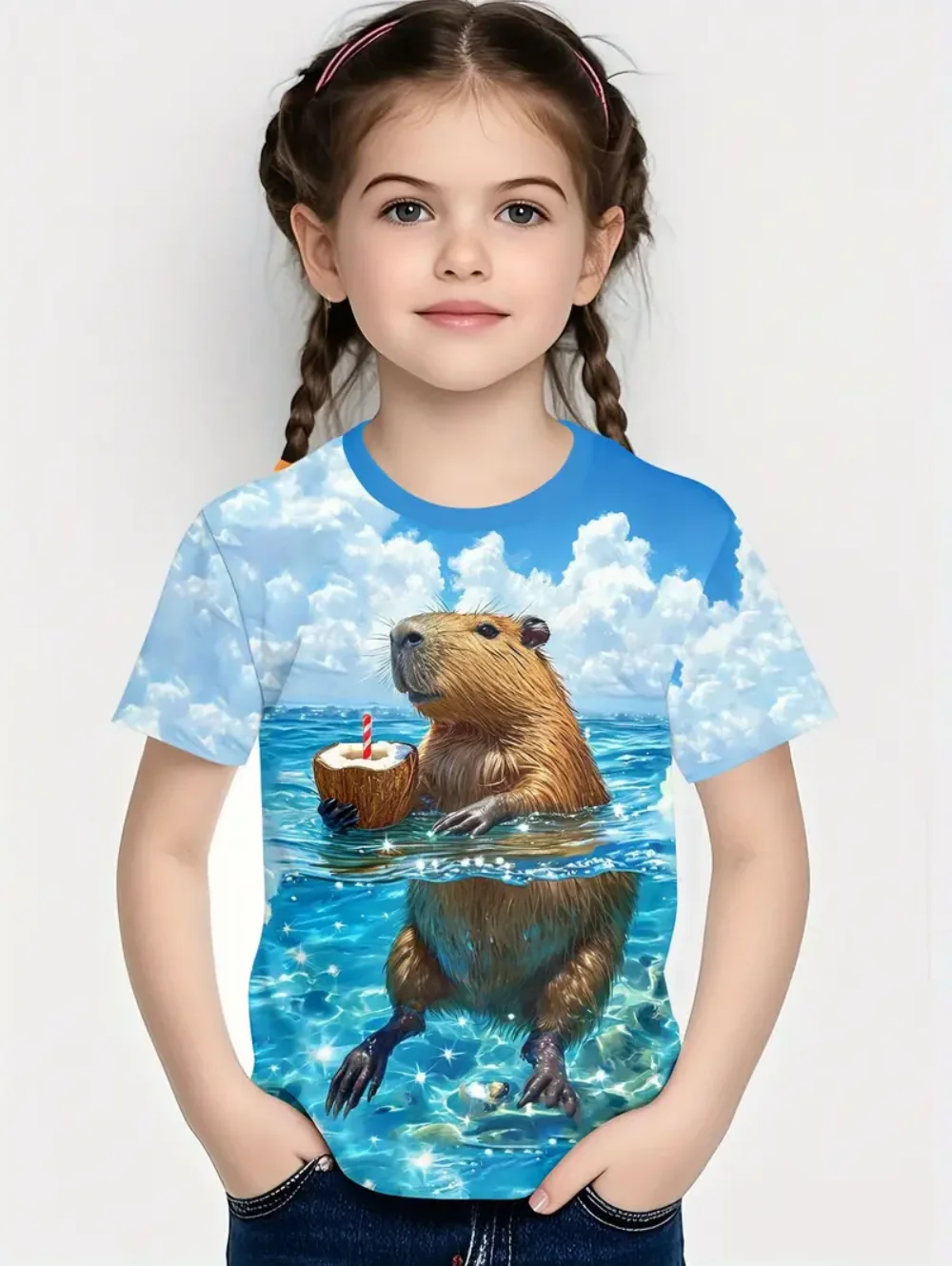 

Children's Clothing Cute Capibara Girl Clothes Short Sleeve Tees Loose Pullover Boy Child T-Shirt Casual T-Shirts for Children