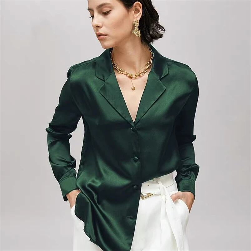 Women Classic Shirt Solid Satin Elegant Blouse Loose Long Sleeve Shirt Lady Simple Style Tops Female Clothes New Chic Blusas