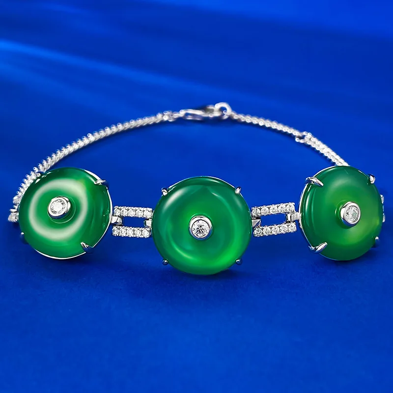 

New S925 Silver Inlaid Natural High Ice Green Jade Chalcedony Bracelet Women's Chinese Safety Buckle