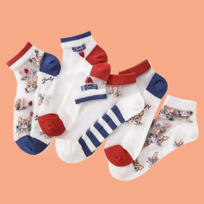 

5 Pairs Women's Short Stockings Breathable and Sweat-Absorbent High Quality Short 2024 Women's Socks Glass Silk Cat Cute Socks