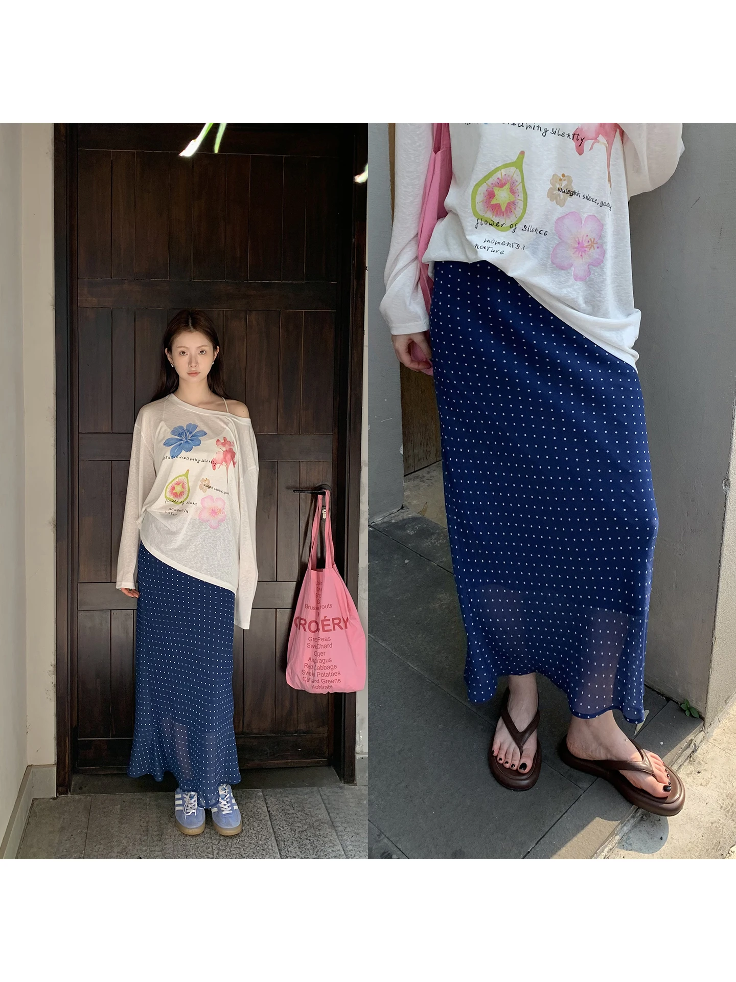 Blue Polka Dot Halter Neck  Dress Women's Fashion Spring Autumn Season Low Waist Straight Cut Skirt Korean Style