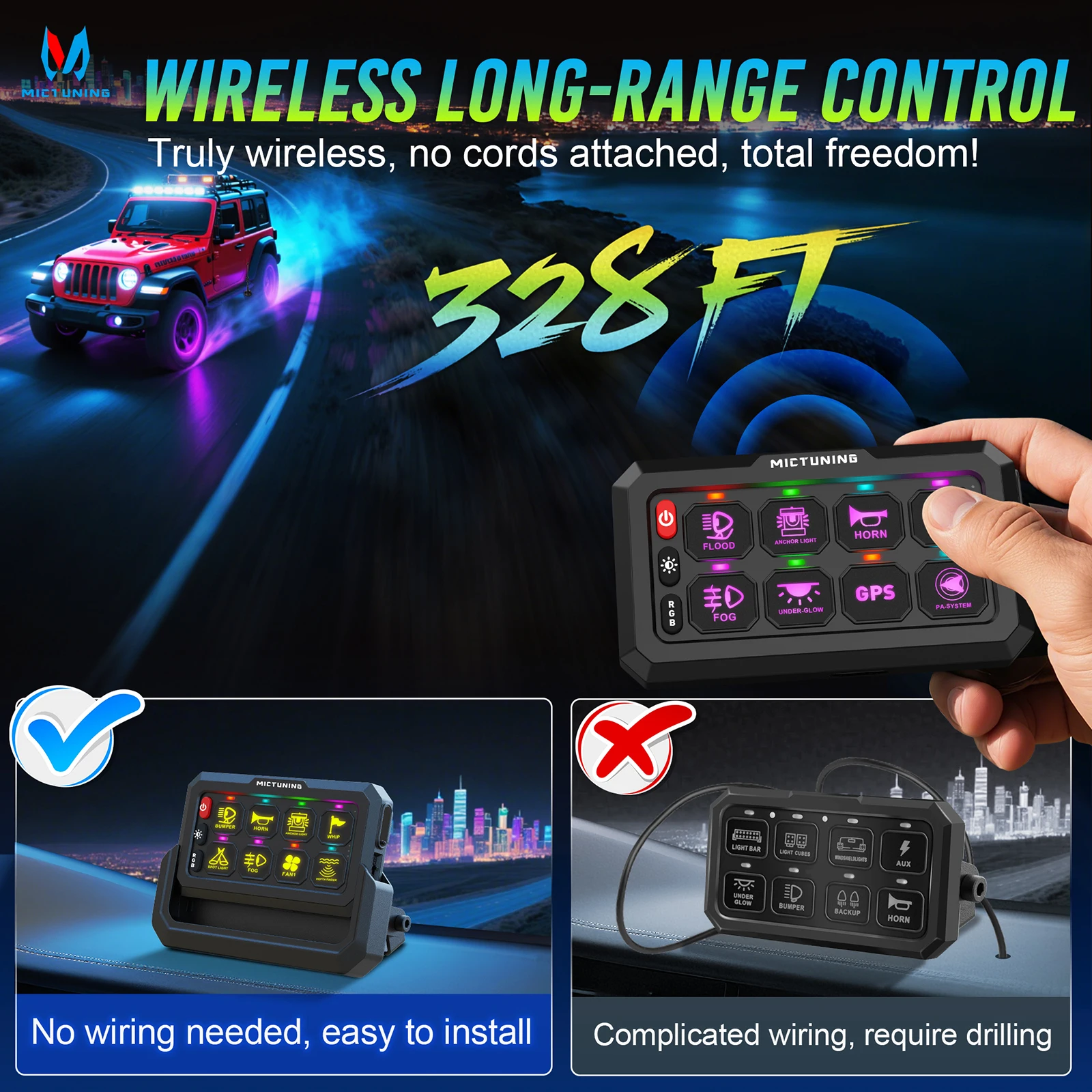 MICTUNING P1s Wireless 8 Gang Switch Panel,Wirelessly Range Up to 328FT Multi-Panel Control,6-Level Brightness For SUV UTV RV