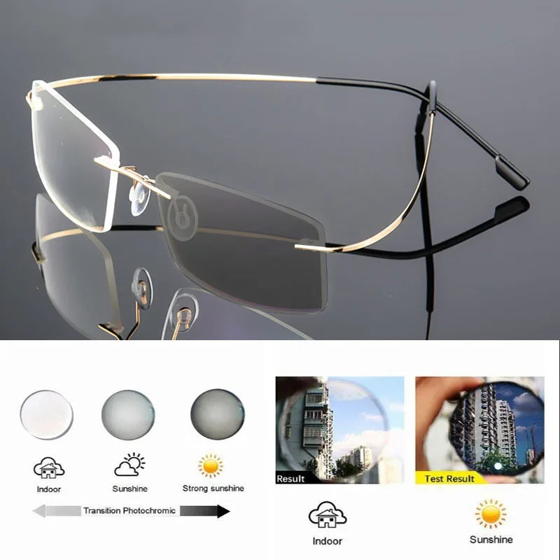 Randlose Ultraleichte Photochrome Myopie‑Brille Männer Titanlegierung Geschäftsbrille grau‑veränderliche Linsen – Detail 16