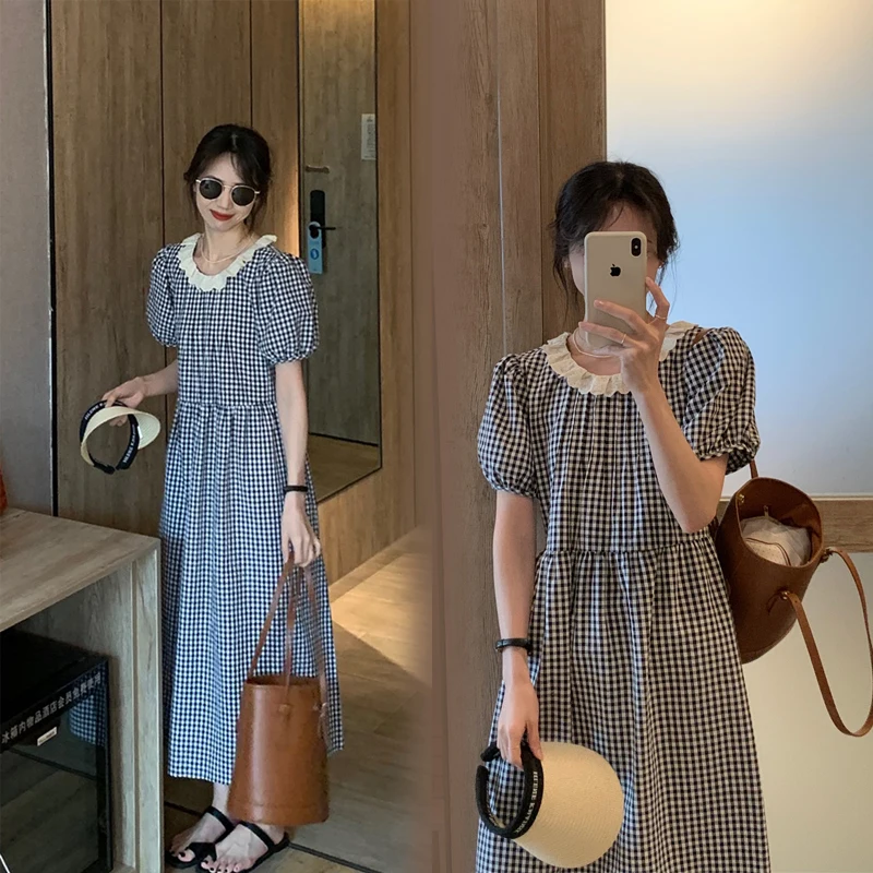 summer-short-sleeve-preppy-style-pregnant-women's-beach-dress-loose-lace-peter-pan-collar-black-white-plaid-maternity-dress