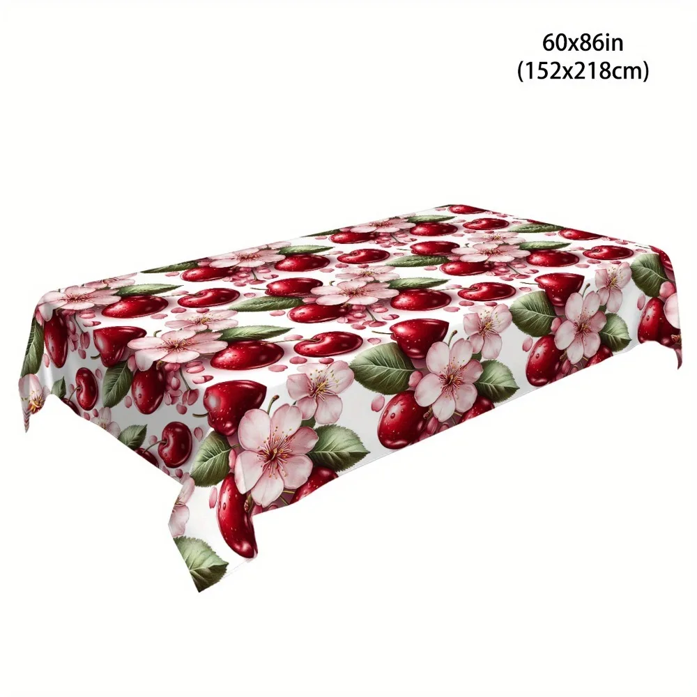 1pc Cherry Blossom & Cherry Theme Tablecloth Compatible For Parties Picnics Dinner - Washable Rectangular Table Cover With Cherr