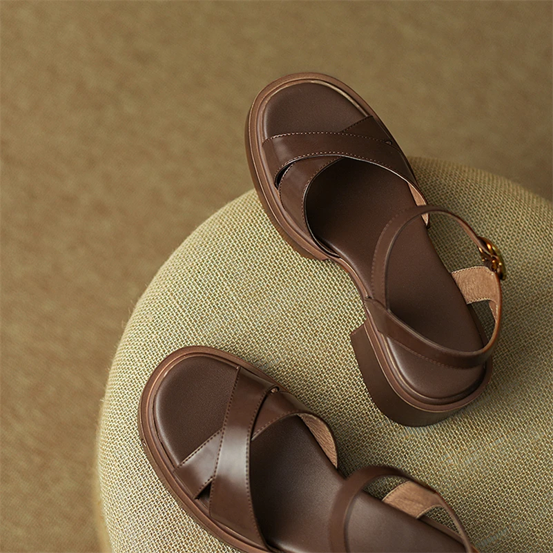 Meotina Women Patent Leather Sandals Round Toe Platform Chunky High Heels Buckle Ladies Fashion Casual Shoes Summer Brown 40