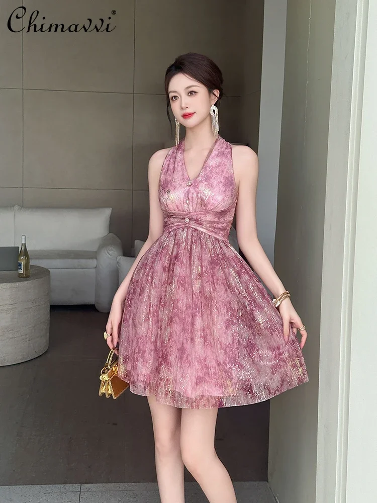 

French Elegant Mesh Halter Dress For Women Summer Temperament Sexy Off-Shoulder Backless High Waist Slim Fit A-line Short Dress