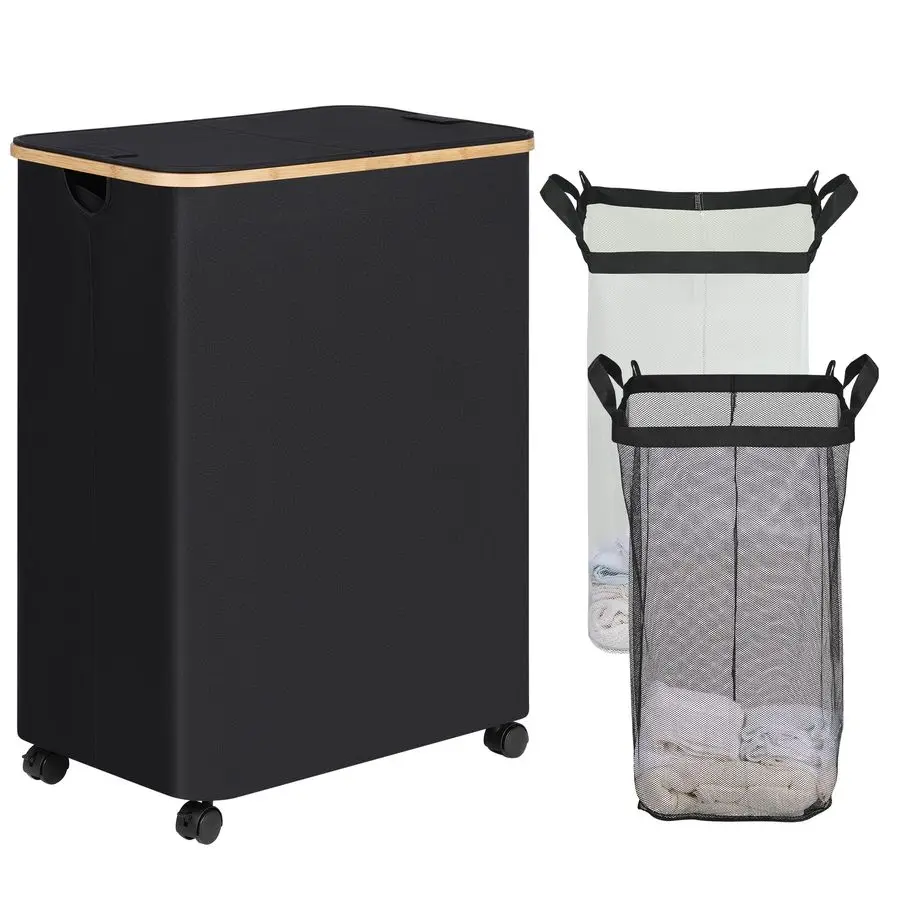 

Double Laundry Hamper with Wheels, Divided Laundry Hamper with Removable Bags, 2 Section Dirty Clothes Basket with Handles for B