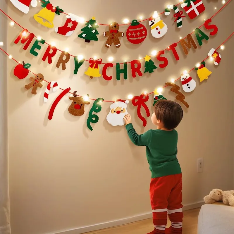 

Merry Christmas Hanging Background Flag with LED String Light Cute Three-Dimensional Felt Decoration Christmas Banner Pendant