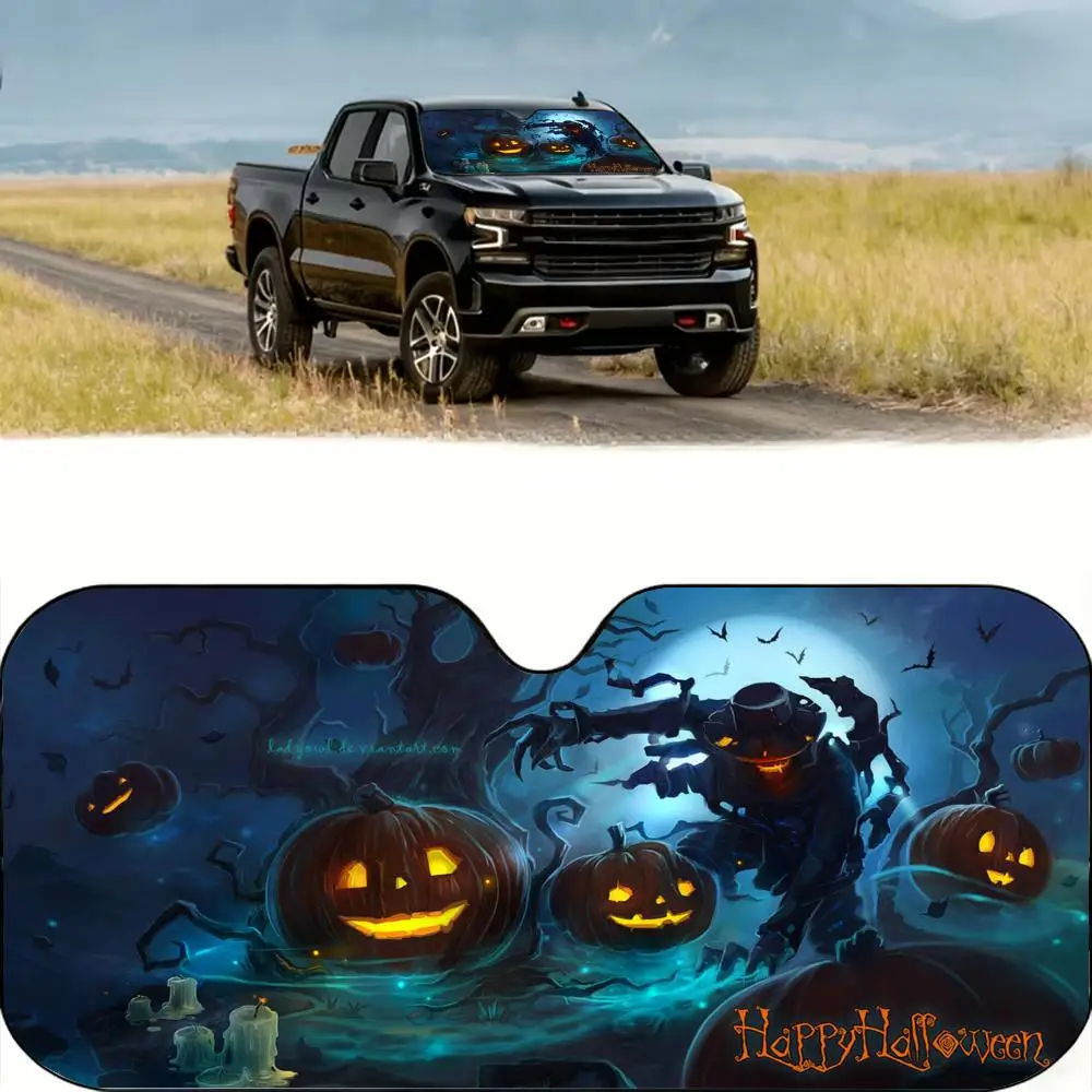 

H-Halloween PumpkinS Sun Visor Reusable Aluminum Foil UV Protector Heat Three-layer Insulation Windshield Sunshades