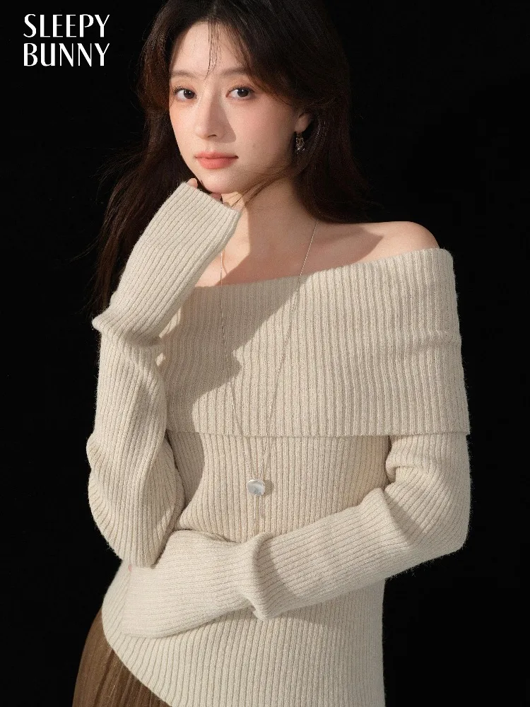 

Off Shoulder Ribbed Knit Top for Women Elegant French Style Long Sleeve Sweater Slim Fit Pullover for Autumn Date or Daily Wear